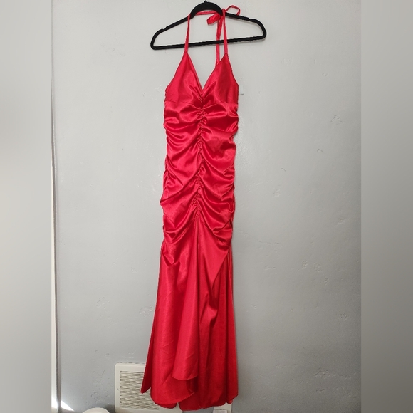 Jessica McClintok Full Length Halter Scrunch Red Satin Dress sz 6 - Picture 1 of 14